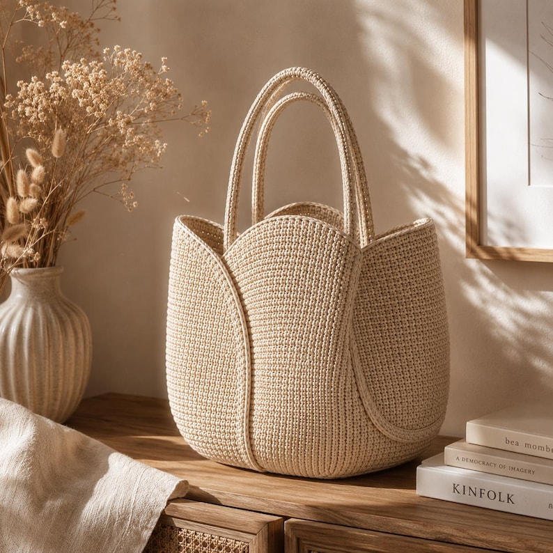 May include: A beige, hand-crocheted tote bag with two handles. The bag has a unique, curved design and is made of a textured, woven material. The bag is sitting on a wooden surface, with a vase of dried flowers in the background.