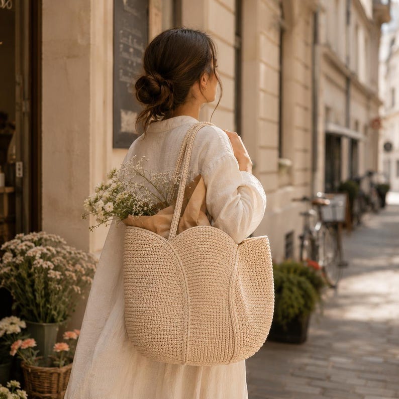 May include: A beige, woven tote bag with a tulip-shaped design. The bag is carried over the shoulder and is filled with flowers and a brown paper bag. The person is wearing a white dress.