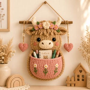 Crochet Highland Cow Wall Organizer Pattern,Nursery Wall Pocket Crochet Pattern,Highland Cow Decor,Kid Room Storage,Crochet Organizer Patern