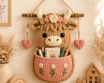 Crochet Highland Cow Wall Organizer Pattern,Nursery Wall Pocket Crochet Pattern,Highland Cow Decor,Kid Room Storage,Crochet Organizer Patern