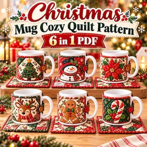 Op de afbeelding: Een digitaal patroon getiteld Christmas Mug Cozy Quilt Pattern 6 in 1 PDF met zes witte mokken met gewatteerde stoffen hoezen. De ontwerpen bevatten een kerstboom, sneeuwpop, kerstster, rendier, peperkoekmannetje en zuurstok.