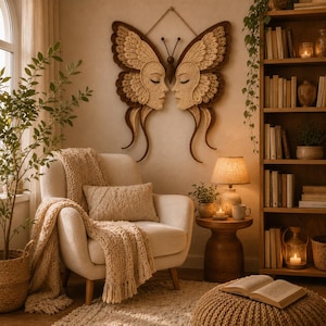 Peut inclure: Une grande d&eacute;coration murale repr&eacute;sentant deux visages sym&eacute;triques aux yeux ferm&eacute;s, int&eacute;gr&eacute;s dans des ailes de papillon complexes en fil cr&egrave;me et marron. La pi&egrave;ce est r&eacute;alis&eacute;e avec des textures au crochet d&eacute;taill&eacute;es et suspendue par un cordon.
