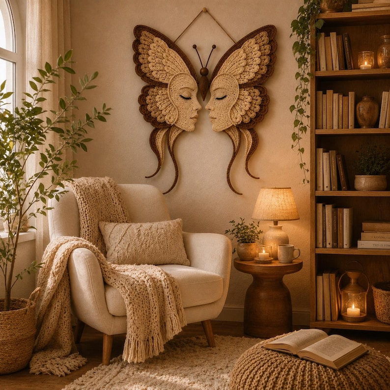 Peut inclure: Une grande d&eacute;coration murale repr&eacute;sentant deux visages sym&eacute;triques aux yeux ferm&eacute;s, int&eacute;gr&eacute;s dans des ailes de papillon complexes en fil cr&egrave;me et marron. La pi&egrave;ce est r&eacute;alis&eacute;e avec des textures au crochet d&eacute;taill&eacute;es et suspendue par un cordon.