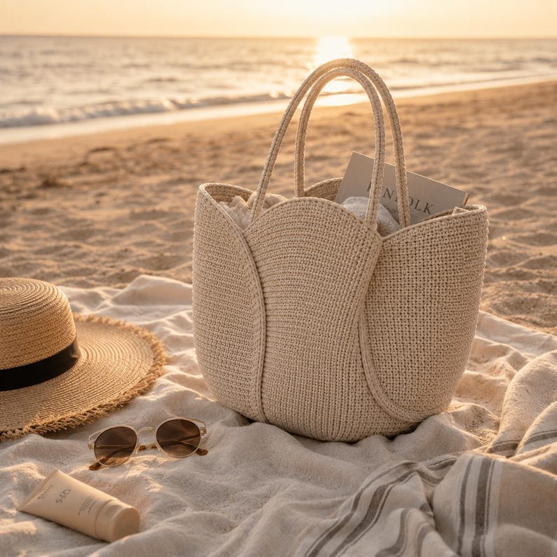 May include: A beige woven tote bag with two handles, sitting on a beach blanket. A straw hat with a black band, sunglasses, and sunscreen are also on the blanket. The background shows the ocean and a sunset.