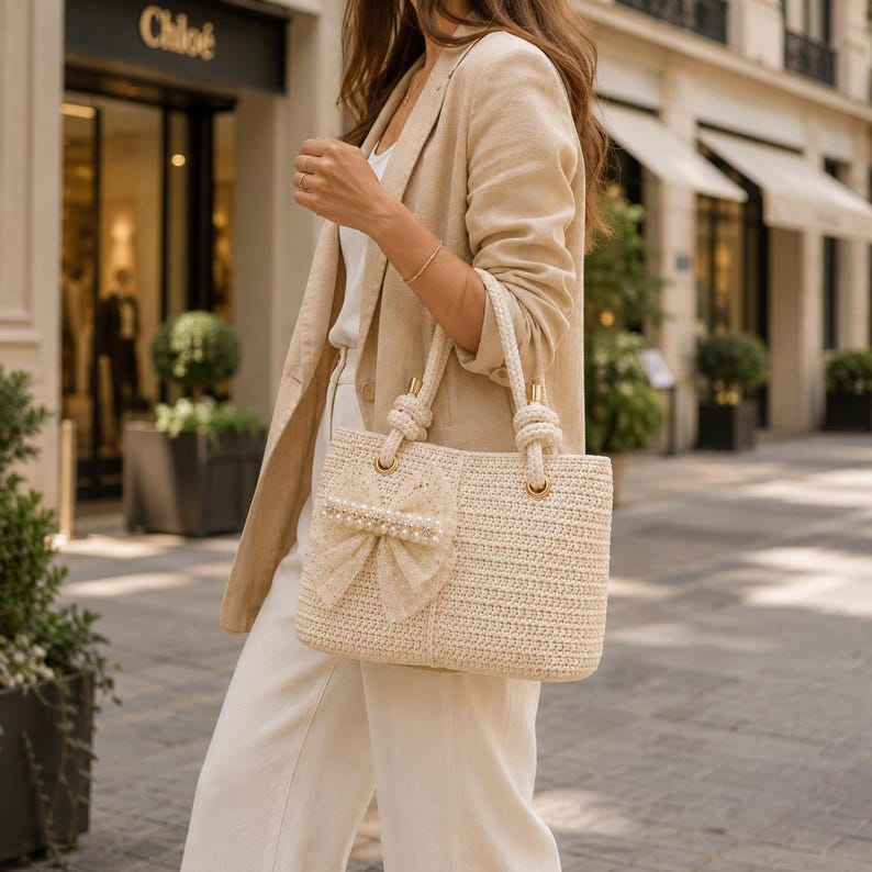 Crochet Pearl Bow Tote Bag Pattern PDF | Beginner Crochet Handbag Purse | Bridal Bow Bag | US Terms | Instant Download image 3
