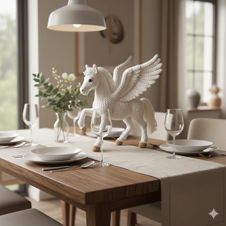 May include: A white crochet Pegasus figurine with outstretched wings, placed on a dining table set for a meal. The table is made of wood and has a beige runner, with white plates, glasses, and silverware. A vase of flowers is also on the table.