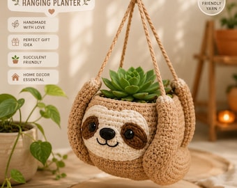 Peut inclure: Un pot de suspension en crochet en forme de paresseux, fait à la main, de couleur beige, crème et marron, contenant une plante succulente verte. Le pot est suspendu par une corde tressée. Le texte sur l'image indique "CROCHET SLOTH HANGING PLANTER".
