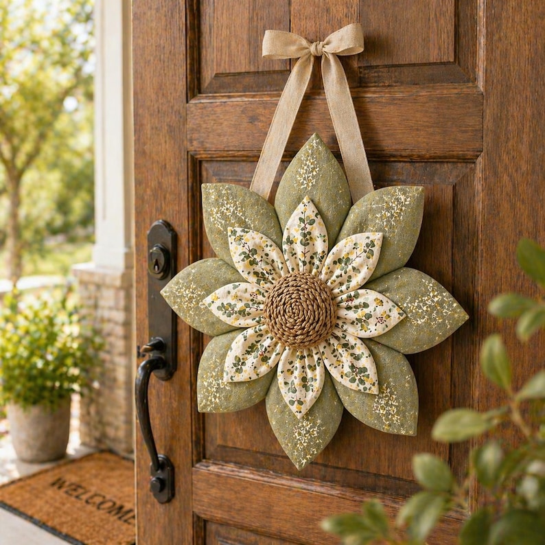 Puede incluir: Una gran corona de flores de tela con p&eacute;talos verde oliva y un centro con estampado floral. La corona est&aacute; adornada con un centro tejido y una cinta beige para colgar. Se exhibe en una puerta de madera.