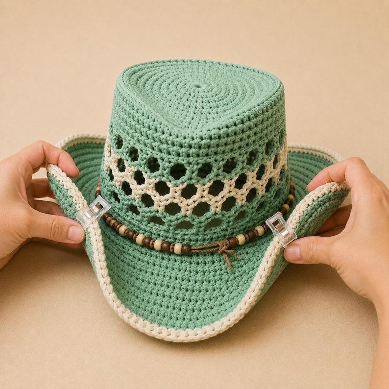May include: A sage green crocheted hat featuring a wide brim with a cream-colored edge, a crown with an openwork lattice pattern, and a decorative band of brown and cream wooden beads secured by two clear plastic clips on the sides of the brim.