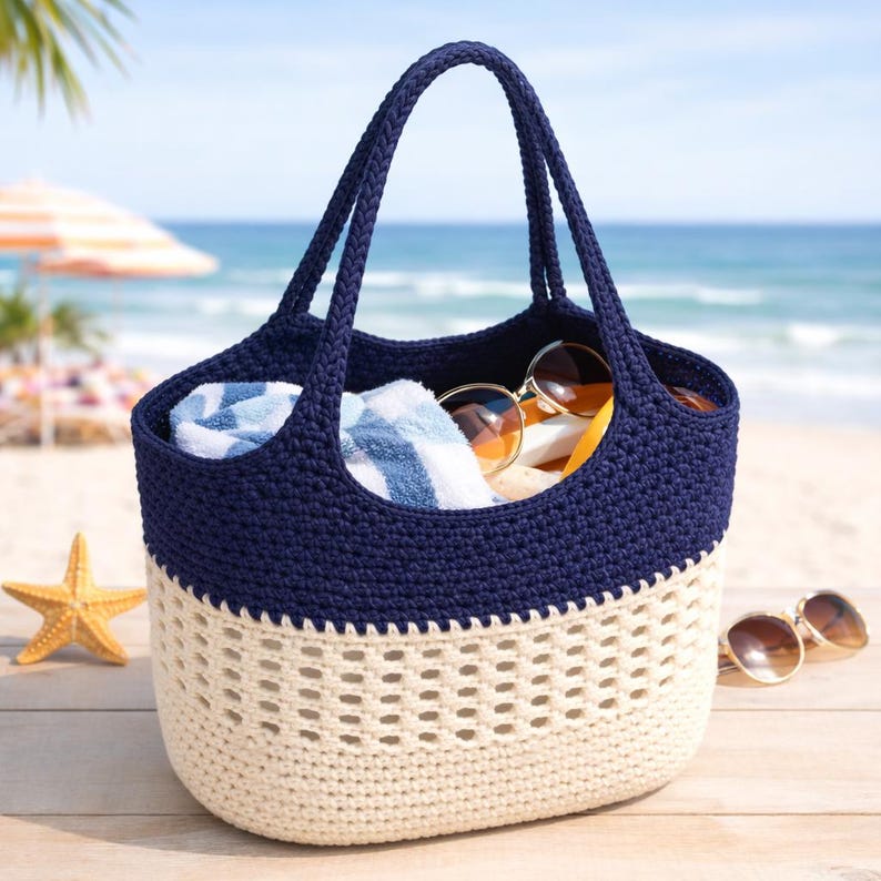 Sommer häkeln Strandtasche Muster PDF, Häkelanleitung, Mesh Tote Bag Häkelanleitung, Sommer Shopper Tasche, anfängerfreundlich, wiederverwendbare Tasche, häkeln Strandkorb Bild 6