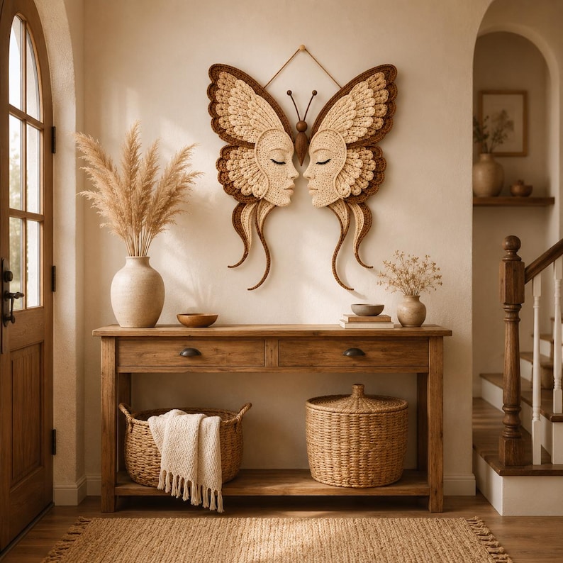 Modèle de décoration murale papillon au crochet, motif PDF de papillon au crochet représentant un visage de femme bohème, modèle de décoration intérieure neutre au crochet image 3