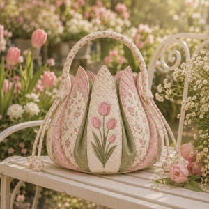 Könnte beinhalten: Eine gesteppte Stoffhandtasche in Form einer Tulpenblüte mit abwechselnden Paneelen aus rosa Blumenmuster und einfarbigem salbeigrünem Stoff. Das mittlere Paneel zeigt ein gesticktes Motiv aus drei rosa Tulpen mit grünen Stielen und Blättern.