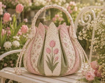 Tulip Petal Drawstring Bag Pattern, Embroidered Tulip Motif, Beaded Drawstrings, Intermediate Sewing PDF Tutorial, Embroidery Pattern
