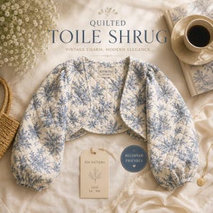 Mönster för quiltad toile shrug i PDF-format, mönster för bolerojacka, fransk lantlig puffärmad kort jacka, XS-5XL, sömnadsmönster för nybörjare