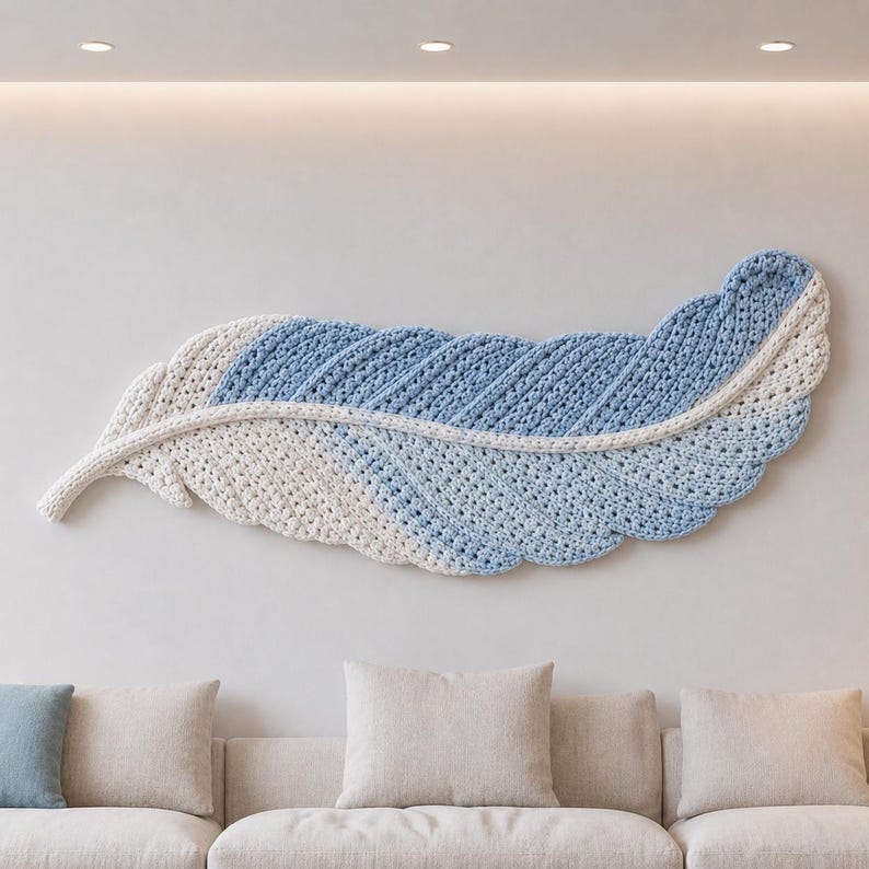 Easy crochet feather wall hanging pattern PDF. Make large 48" coastal boho wall art with chunky yarn — beginner friendly, instant digital download.