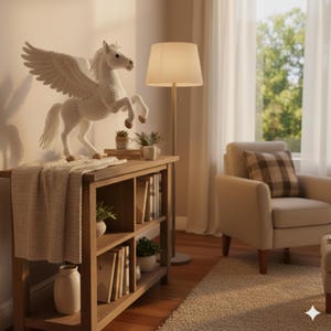 May include: A white, crocheted Pegasus statue with outstretched wings stands on a wooden bookshelf. The bookshelf holds books, small plants, and a decorative vase. A beige throw blanket drapes over the shelf's edge, and a floor lamp and armchair are in the background.