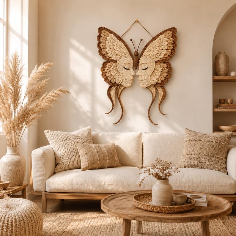 Peut inclure: Une d&eacute;coration murale en forme de papillon faite de fibres cr&egrave;me et marron, repr&eacute;sentant deux visages sym&eacute;triques aux yeux ferm&eacute;s au centre. Les ailes pr&eacute;sentent des textures complexes et superpos&eacute;es, suspendues par une fine ficelle.