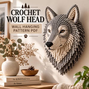 May include: A crochet wolf head wall hanging pattern PDF featuring a gray and cream yarn wolf head with pointed ears and amber eyes. The text reads CROCHET WOLF HEAD WALL HANGING PATTERN PDF. The wolf head is mounted on a wall above books and a vase.