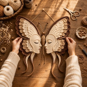 Peut inclure: Une d&eacute;coration murale compos&eacute;e de deux visages au crochet int&eacute;gr&eacute;s dans des ailes de papillon sym&eacute;triques. L'ouvrage est r&eacute;alis&eacute; en fil cr&egrave;me et marron, avec un corps central en ficelle enroul&eacute;e et deux antennes. Les ailes pr&eacute;sentent des bords festonn&eacute;s.