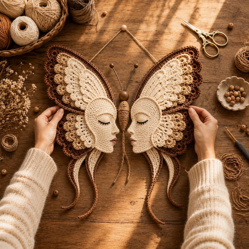Peut inclure: Une d&eacute;coration murale compos&eacute;e de deux visages au crochet int&eacute;gr&eacute;s dans des ailes de papillon sym&eacute;triques. L'ouvrage est r&eacute;alis&eacute; en fil cr&egrave;me et marron, avec un corps central en ficelle enroul&eacute;e et deux antennes. Les ailes pr&eacute;sentent des bords festonn&eacute;s.