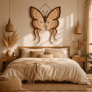 Peut inclure: Une grande d&eacute;coration murale repr&eacute;sentant deux ailes de papillon sym&eacute;triques en fibres cr&egrave;me et marron, chaque aile arborant un visage humain aux yeux ferm&eacute;s au centre, reli&eacute;es par un corps central marron avec deux antennes au sommet.