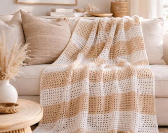 Sommerliche Häkeldecke, Muster für leichten Überwurf aus Baumwolle PDF, Beige Weiß Gestreifte Decke, Häkelanleitung für Anfänger, Boho Wohndeko DIY