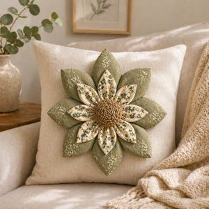Puede incluir: Un coj&iacute;n decorativo con un gran dise&ntilde;o de flor aplicada. La flor tiene p&eacute;talos verde oliva con motas doradas, un centro con estampado floral y un centro tejido. El coj&iacute;n est&aacute; sobre un fondo de tonos neutros.