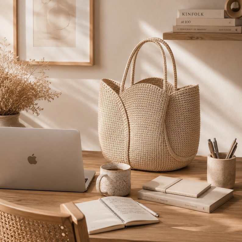 May include: A beige woven tote bag with two handles sits on a wooden desk. A laptop, a mug, a notebook, and a pencil holder are also on the desk. The bag has a unique tulip-like shape and is made of a textured material.
