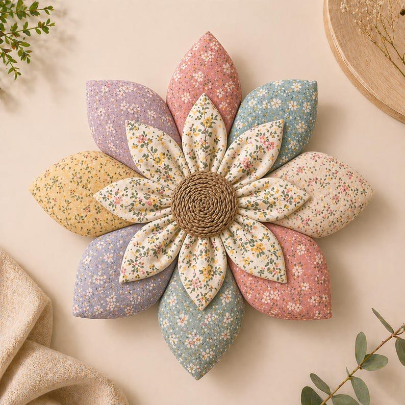 Puede incluir: Una gran flor decorativa hecha de tela con p&eacute;talos de colores pastel. Los p&eacute;talos est&aacute;n estampados con peque&ntilde;os estampados florales en rosa, amarillo y azul. El centro es un dise&ntilde;o circular tejido, creando una est&eacute;tica suave y acogedora.