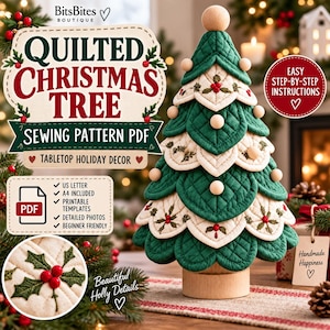 May include: A quilted Christmas tree sewing pattern PDF featuring text that reads Quilted Christmas Tree, Sewing Pattern PDF, Tabletop Holiday Decor, and Easy Step-by-Step Instructions. The tree is made of green and white fabric layers.