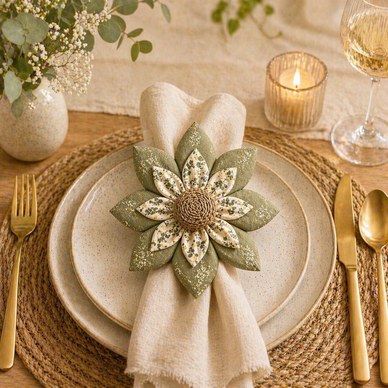 Puede incluir: Una mesa decorativa con un servilletero en forma de flor. El servilletero es de color verde oliva con un estampado floral y se encuentra sobre una servilleta beige en un plato blanco. Cubiertos dorados y una vela encendida completan el arreglo.