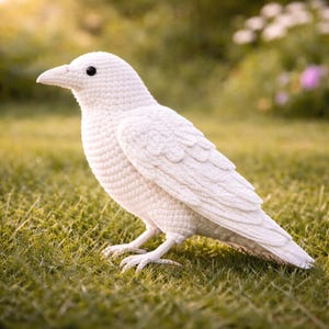 May include: A handcrafted, white crochet bird with a detailed texture. The bird has a long beak, black eyes, and is posed on green grass. The wings and tail feathers are carefully crafted, showcasing the artistry of the piece. The bird is a decorative item.