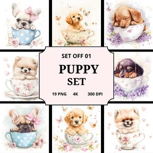 Chiot aquarelle clipart PNG, adorable illustration de Pomeranian tasse à thé, dessin de chien duveteux peint à la main, adorable bébé chien à télécharger