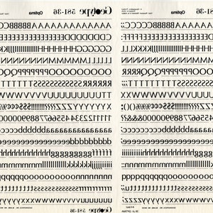 May include: A black and white font chart with the name "Optima" and the number "281-36" printed at the top. The chart shows the uppercase and lowercase letters of the alphabet, numbers, and punctuation marks.