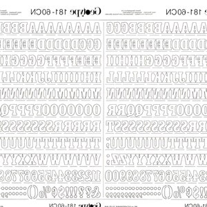 May include: A black and white alphabet chart with uppercase letters in a bold font. The letters are outlined in black and are arranged in rows. The chart is labeled "Groovytype 181-60CN".