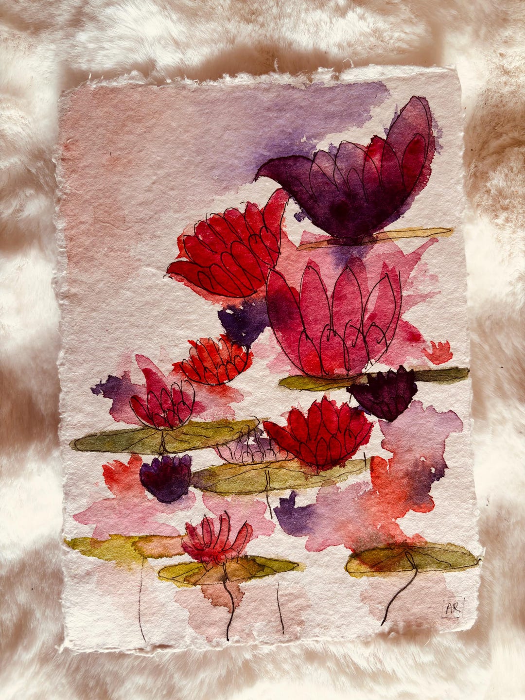 Watercolor Rag Original Watercolor 15.5x22 Cm, Pink Water Lilies, on 100% Cotton Rag ...