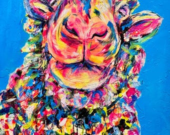 オリジナルの羊の絵画：大きなアクリル動物の肖像画 24x24インチ