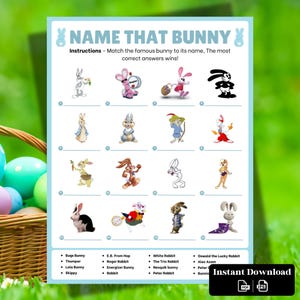 May include: A printable worksheet with a name that bunny game. The worksheet has 12 images of different cartoon bunnies and a list of bunny names to match. The worksheet is perfect for a fun Easter activity.