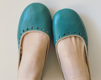 AZTEC. Turquoise Leather Ballet Flats/ Women's Leather Shoe/ Handmade Cut-out flats