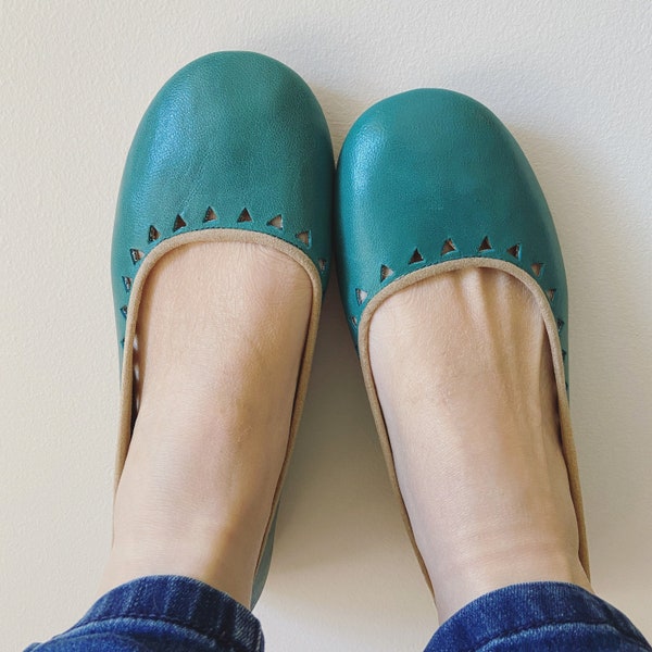 AZTEC. Turquoise Leather Ballet Flats/ Women's Leather Shoe/ Handmade Cut-out flats