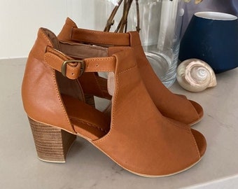 SIA. Tobacco brown leather boots / women's high heel shoes/ ankle booties / chic handmade wedges. Available in other colors.