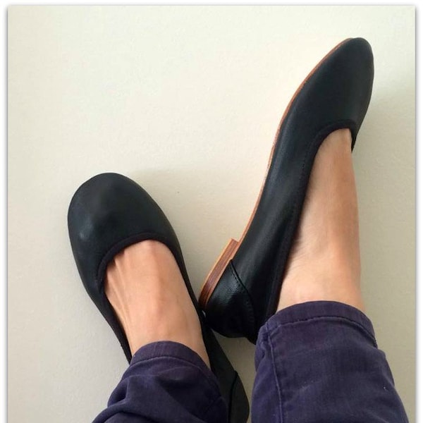 EMMA. Black Leather Ballet Flats/ Women's shoes/ Bridal flats. Available in different colours & sizes