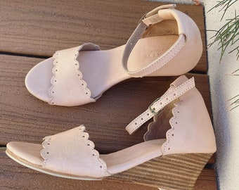 HARMONY. Vintage Nude Leather sandals / women shoes / leather wedge shoes / women flats / Vintage Nude leather flats.