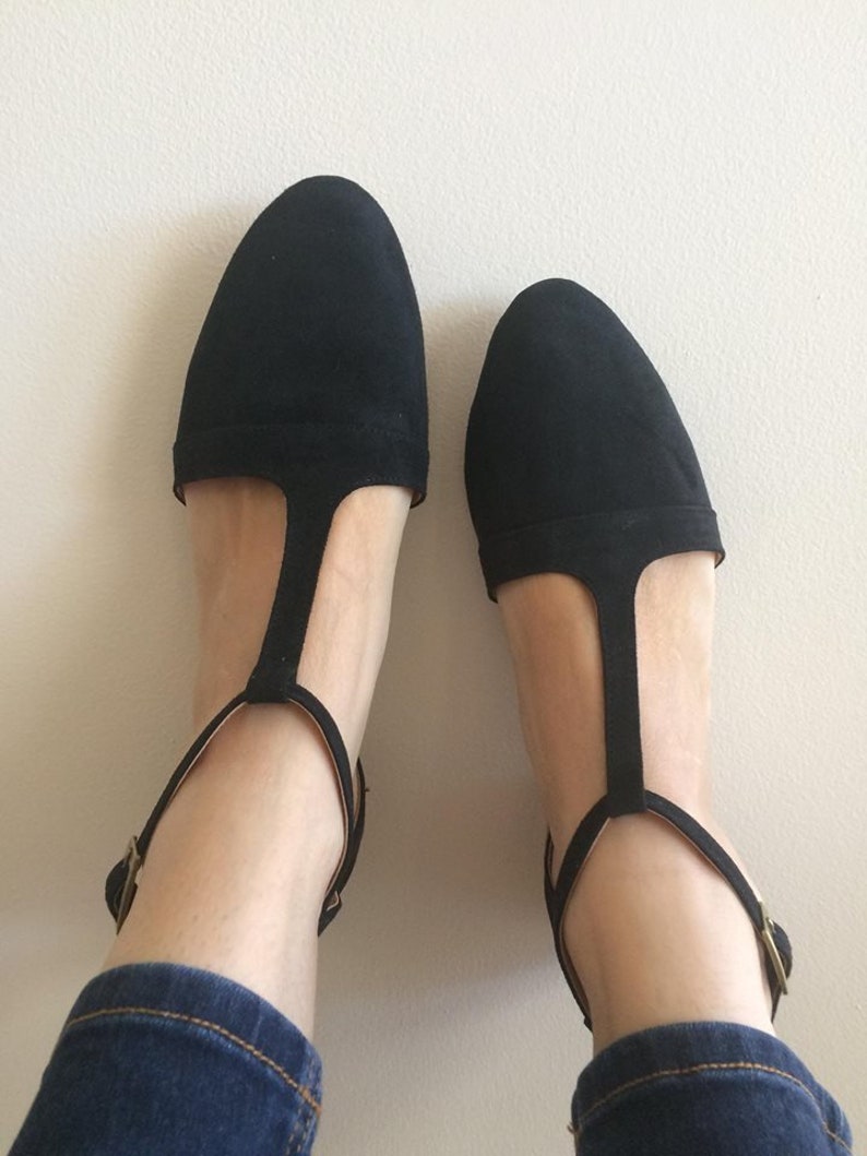 LACEY. Black T-Bar / women shoes / suede flat sandals / women flats / Black suede flats. Available in different colours image 1
