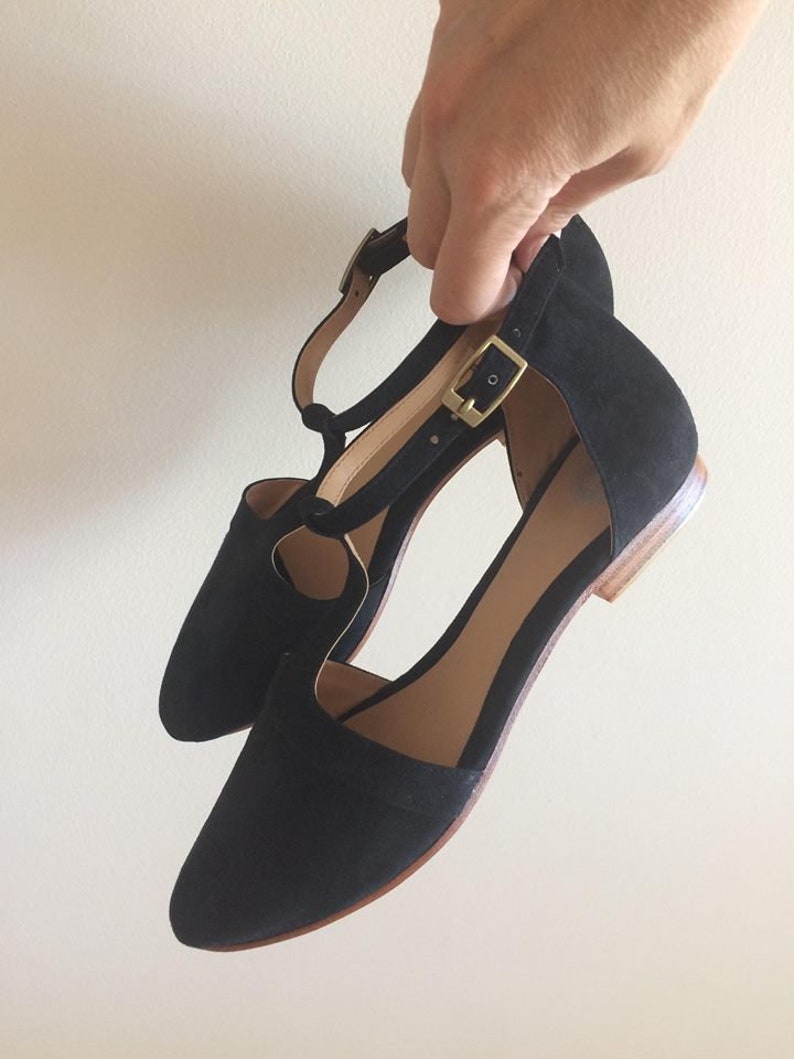 LACEY. Black T-Bar / women shoes / suede flat sandals / women flats / Black suede flats. Available in different colours image 4