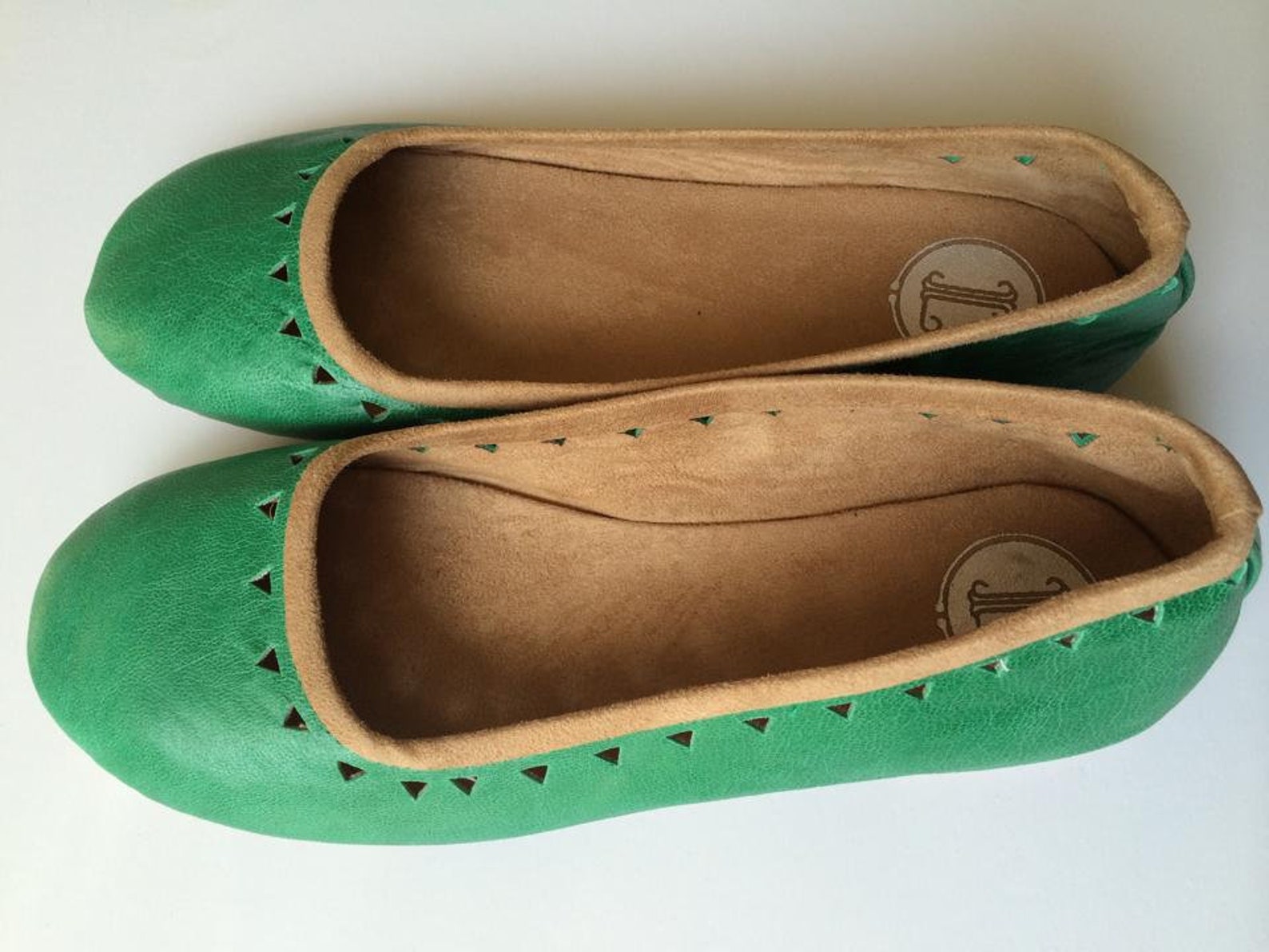 aztec. sea-green leather ballet flats/ women's leather shoe/ cut-out flats-available to custom order only early 2019