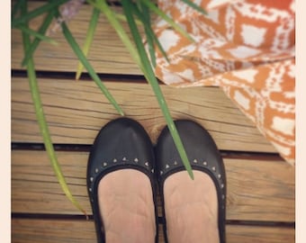 AZTEC. Black Leather Ballet Flats/ Women's Leather Shoe/ Cut-out flats- Available to custom order only