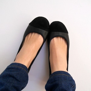 ZOE. Ballet Flats/ Women&#39;s Leather Shoes/ Black Leather Suede flat shoes.