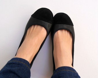 ZOE. Ballet Flats/ Women's Leather Shoes/ Black Leather Suede flat shoes.