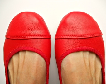 Cherry Red Leather Ballet Flats - Handmade Women's Shoes